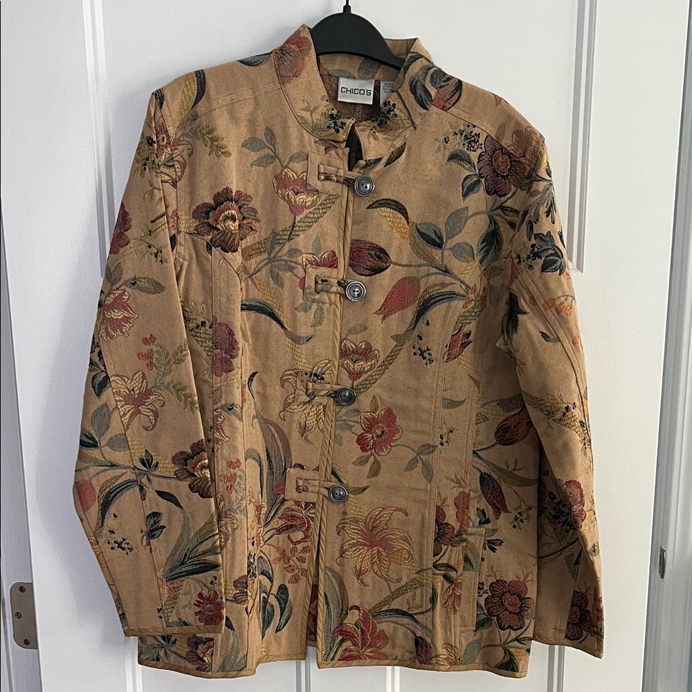 Chico's Multicolor Floral Tunic length Jacket with Button Details